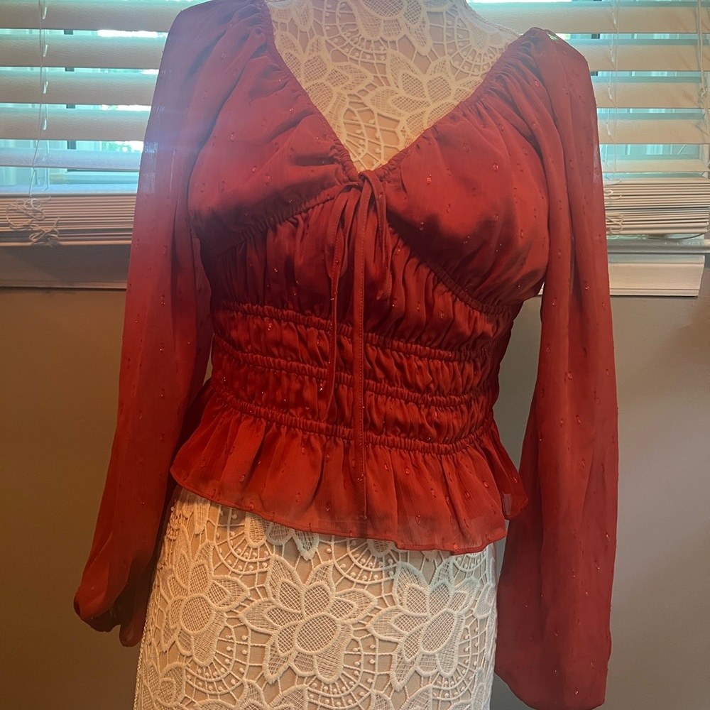 Express Orange Ruched Peplum Long Sleeve Blouse